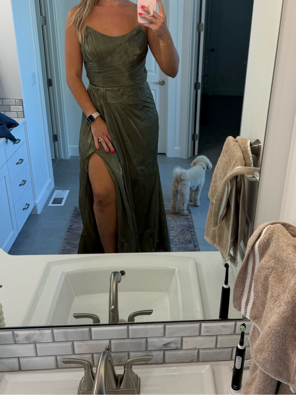 Olive Green One-Shoulder Prom Gown with Side Slit